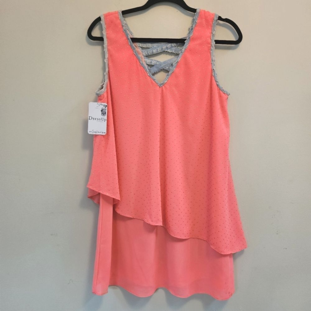 Love Riche Tunic SzM Neon Pink Gold Accents Frayed Denim Accents Asymetrical NWT